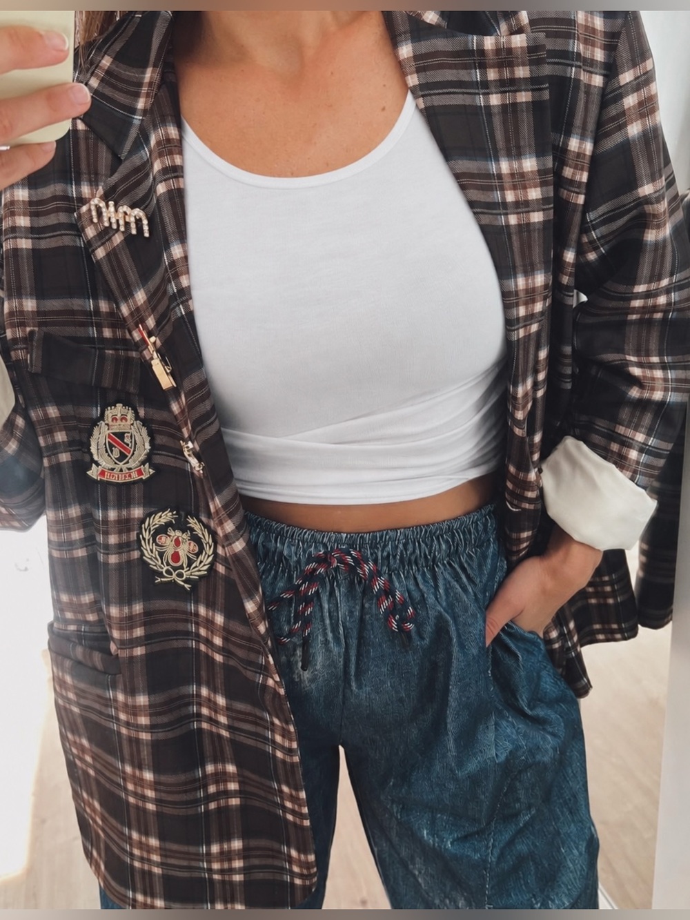 NWT Bee Chic Italian Plaid Oversized Blazer Embroidered Crest Patches